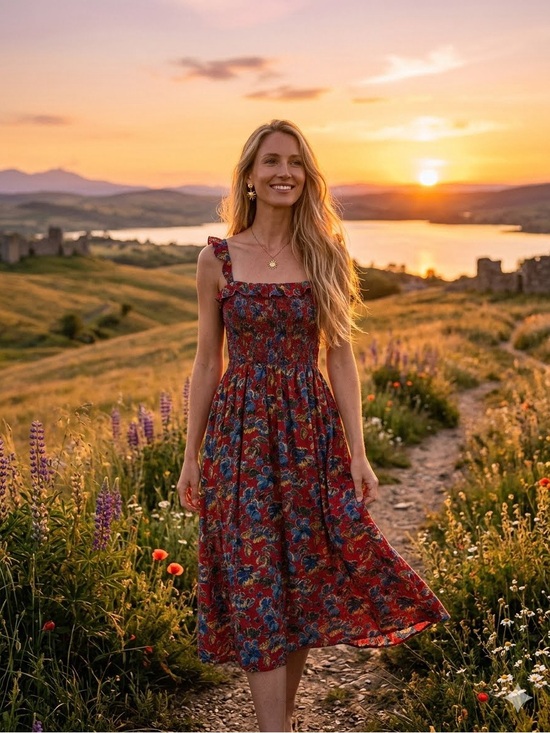NATURAL LIFE Dresses & Skirts - NATURAL LIFE Red Floral Dress with Blue Accents
